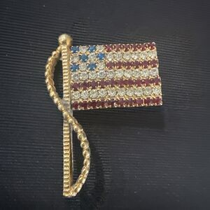 Vintage Rafaelian Red/White/Blue Rhinestone US Flag Brooch- Signed, Goldtone